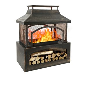 37-Inch Rectangular Metal Outdoor Wood Burning Fireplace - Outdoor Fireplace With Built-in Log Storage And Poker-Brushed Bronze, Log Burner Fire Pit For Patio Garden And Backyard