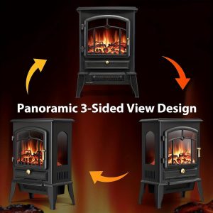 Electric Fireplace Stove with Realistic Flame, Infrared Freestanding Fireplace Heater, Portable, Overheating Safety, for Home, Office, Apartment