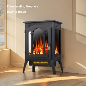 KNDKO Electric Fireplace Stove Heater, Freestanding Electric Fireplace, Fireplace Heater With 3D Logs And Realistic Flame Adjustable Brightness And Color, 5100btu Max 1500w, Black