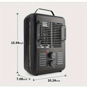 1, 500-Watt Milkhouse Style Portable Utility Space Heater, Fan-Forced Type, Indoor Use, 2 Heat Settings, With Adjustable Thermostat, Overheat Protection, And Safety Tip Over Switch, Strong Carry Handle, Black