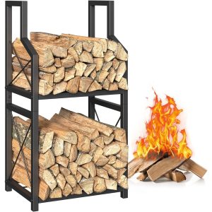 2-Tier Firewood Rack Holder - Perfect for Indoor Fireplaces & Outdoor Patios, Sturdy & Durable Fire Log Storage Stand for Fire Pits, Stoves - Black