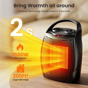 Portable Electric Space Heater for Indoor with Thermostat, 1500W/ 950W Safe and Quiet, Fast Heating Ceramic Room Small Heater with Heating and Fan Modes for Bedroom (BLACK)